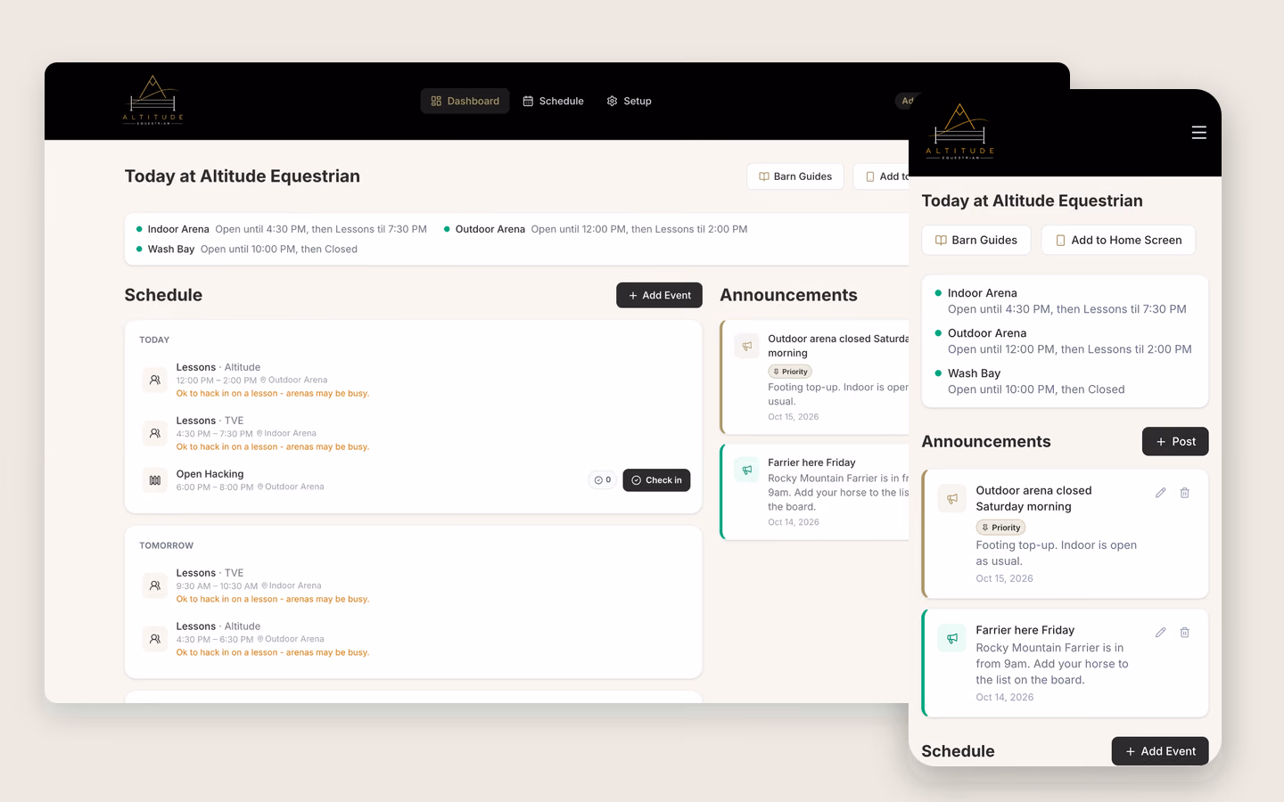 The facility’s dashboard on desktop and phone: what each arena and the wash bay is doing now and next, today’s and tomorrow’s lessons, open riding with check-in, and announcements such as a farrier visit and an arena closure.