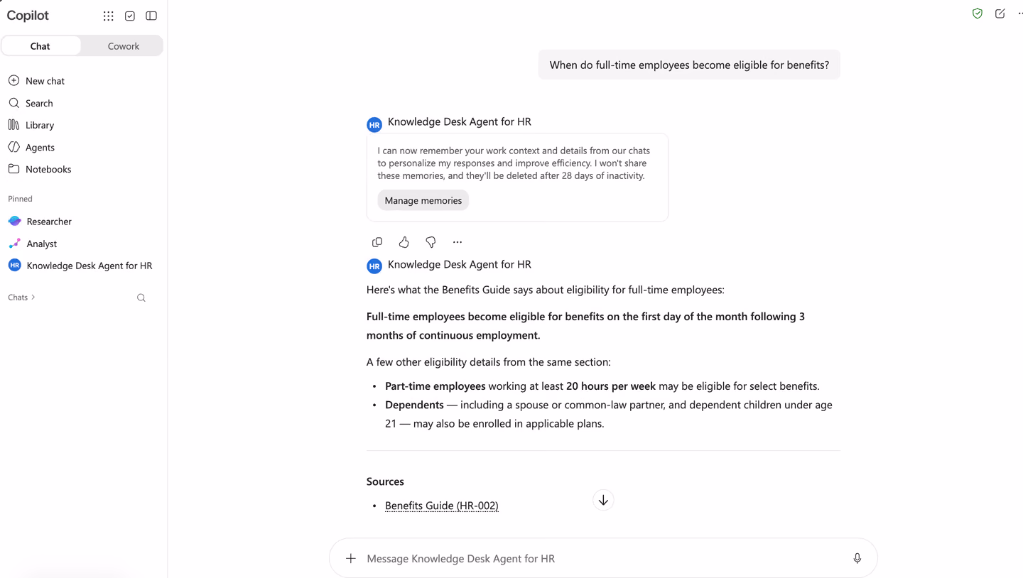 The Knowledge Desk Agent for HR in Microsoft answering when full-time employees become eligible for benefits, with the Benefits Guide cited as its source.