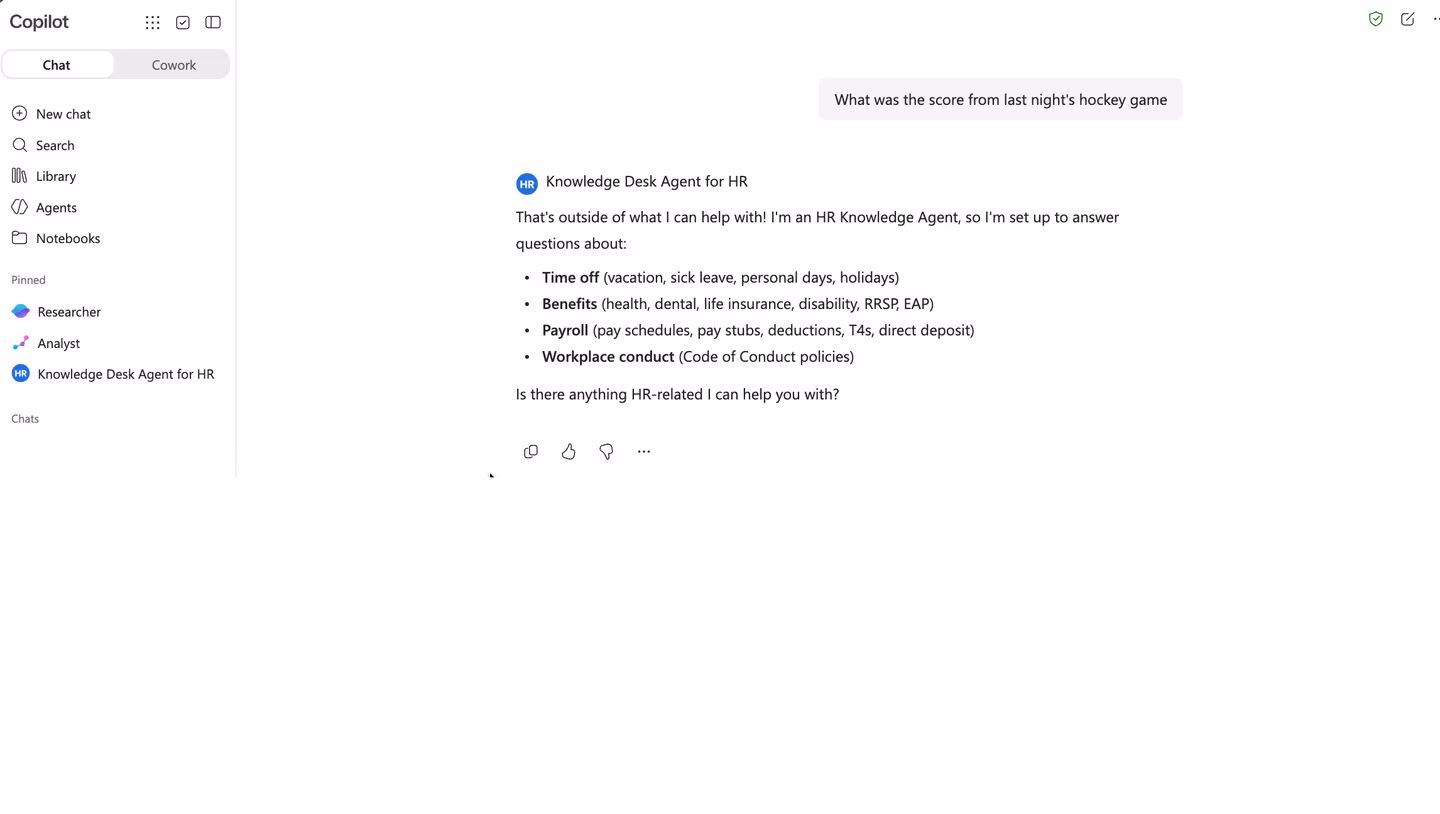 The HR agent declining a question about a hockey score and listing the HR topics it is set up to answer: time off, benefits, payroll and workplace conduct.