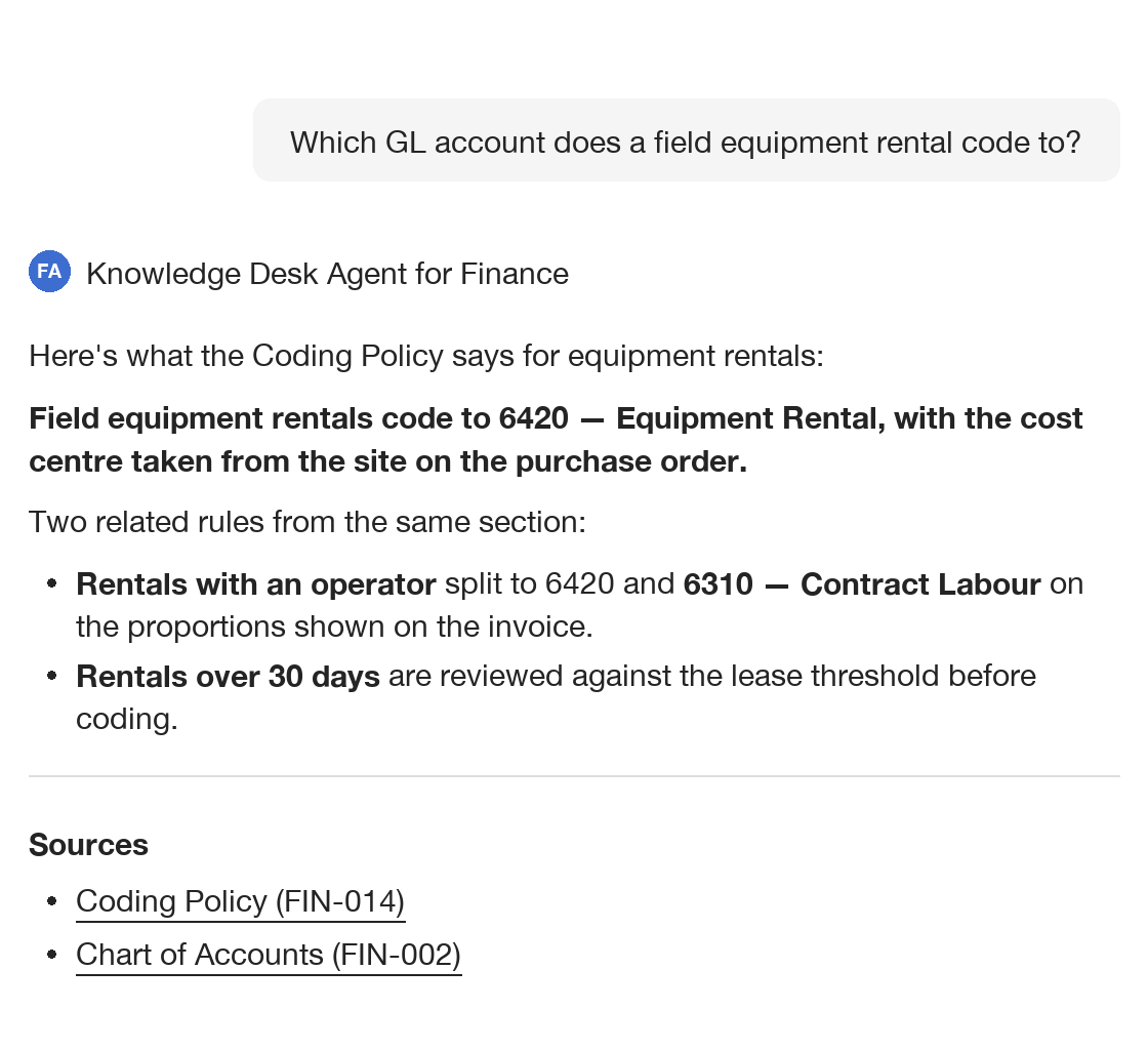 A finance agent answering which GL account a field equipment rental codes to, citing the coding policy and chart of accounts as sources.