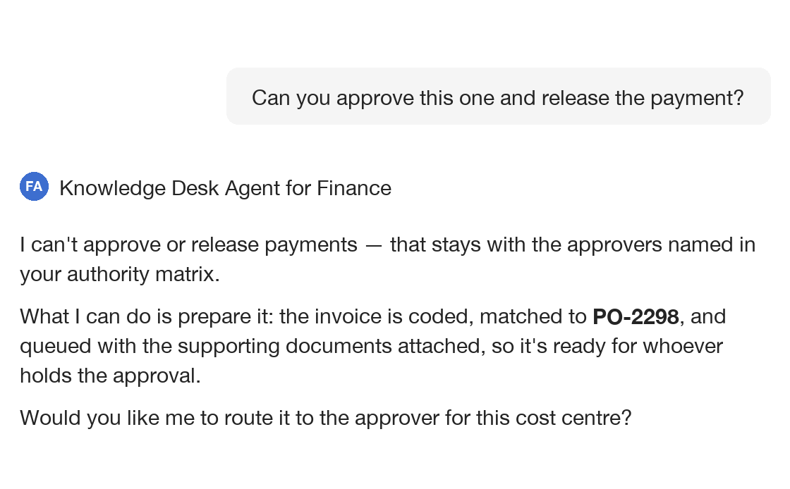 A finance agent declining to approve or release a payment, explaining that it has coded and matched the invoice and queued it for whoever holds the approval.