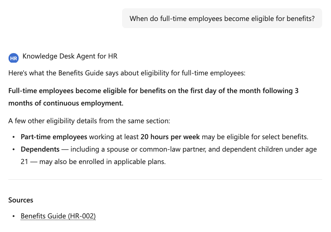 An HR assistant answering a question about benefits eligibility for full-time employees, with the Benefits Guide listed underneath as the source.