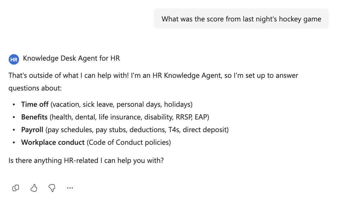 An HR assistant declining an off-topic question and listing the subjects it covers: time off, benefits, payroll and workplace conduct.